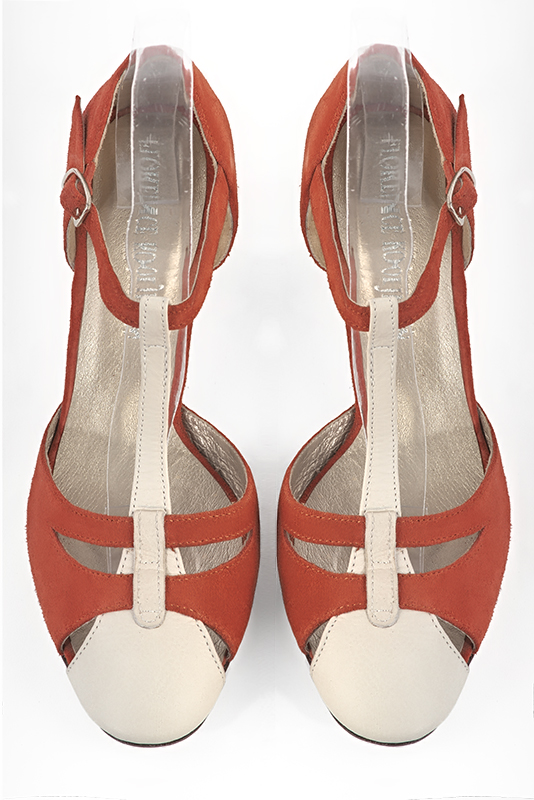 Off white and terracotta orange women's T-strap open side shoes. Round toe. Medium comma heels. Top view - Florence KOOIJMAN